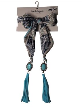 New Haute Hippie Style Scarf Tie Turquoise Tassels Purse Neck Hat Silver